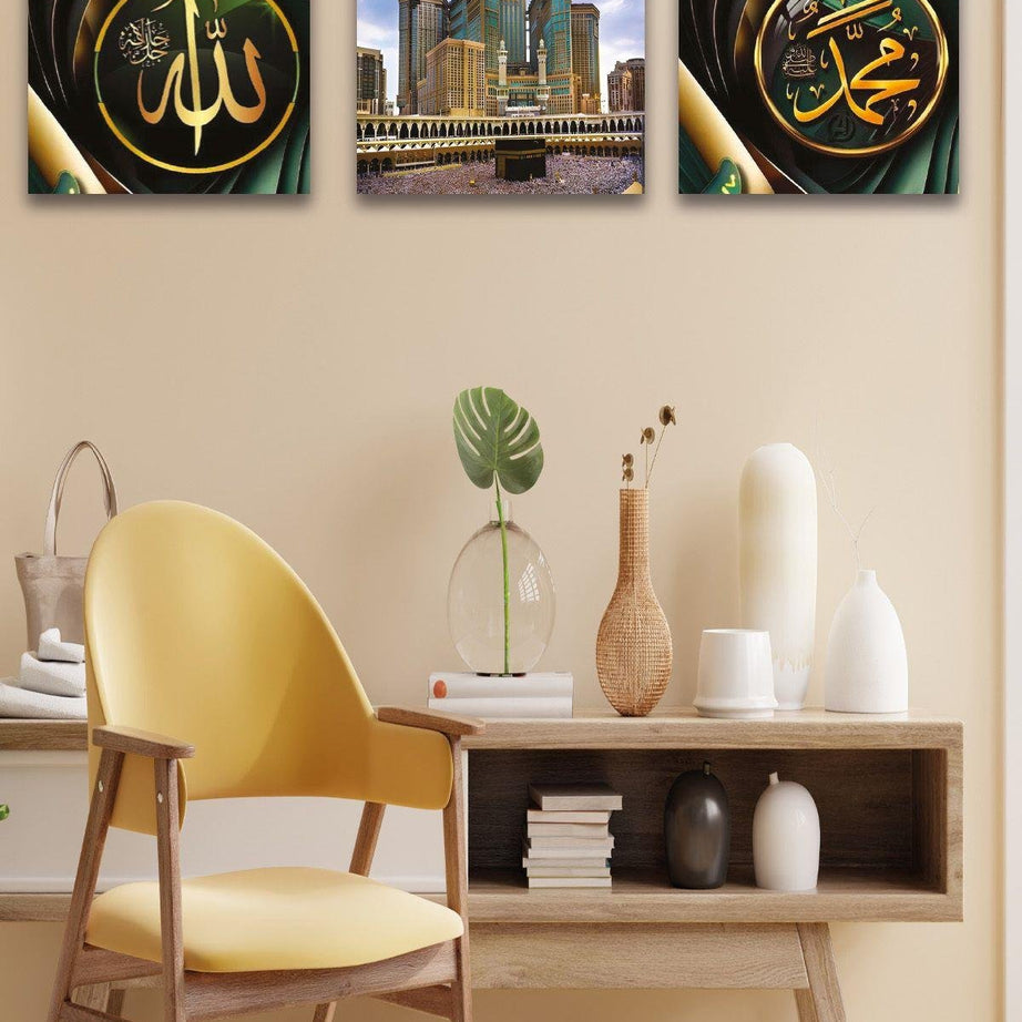 3 Parça Allah Muhammed Kabe Temalı Gold Tablo Seti
