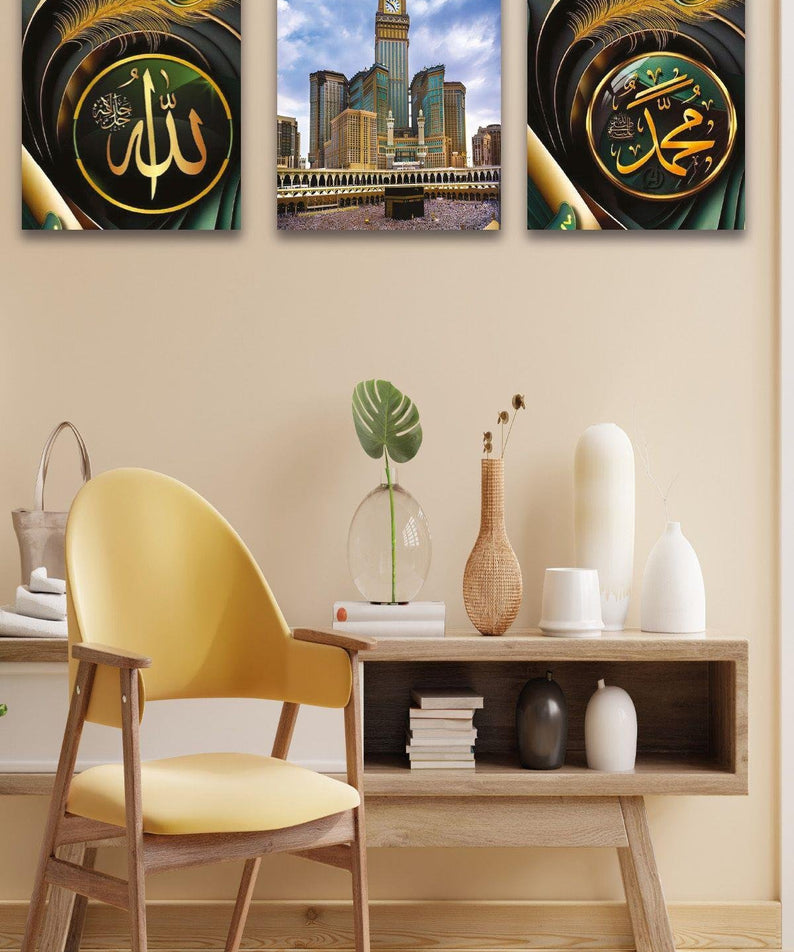 3 Parça Allah Muhammed Kabe Temalı Gold Tablo Seti