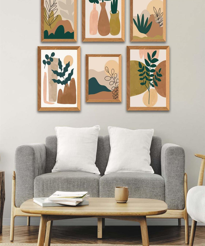 6 Parça Sanatsal Bohem Tarzında (Ahşap çerçeve görünümlü) Uv Baskı Mdf Tablo Seti