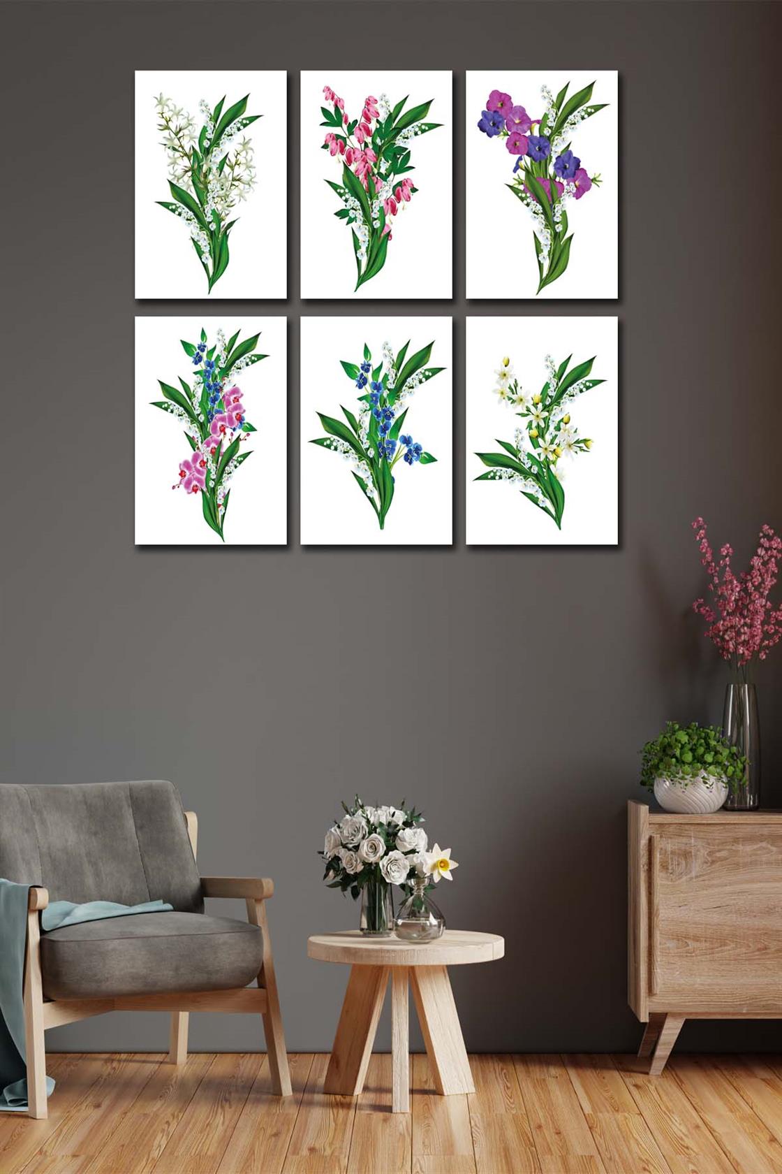 6 Parça Yeşil Çiçekler tablo seti