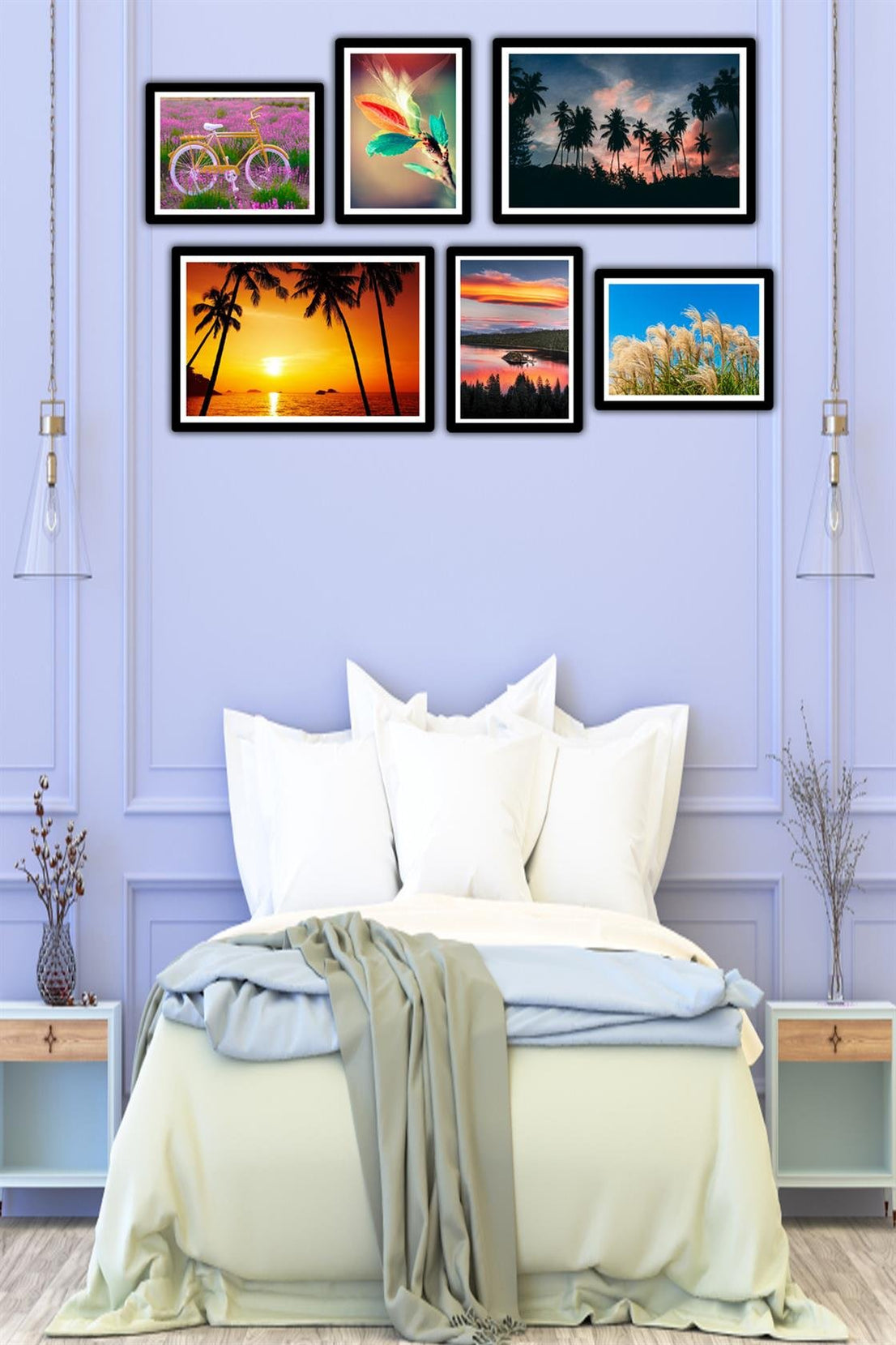 6 Parça Manzara Resimleri Siyah Çerçeve Görünümlü Uv Baskı Mdf Tablo Seti