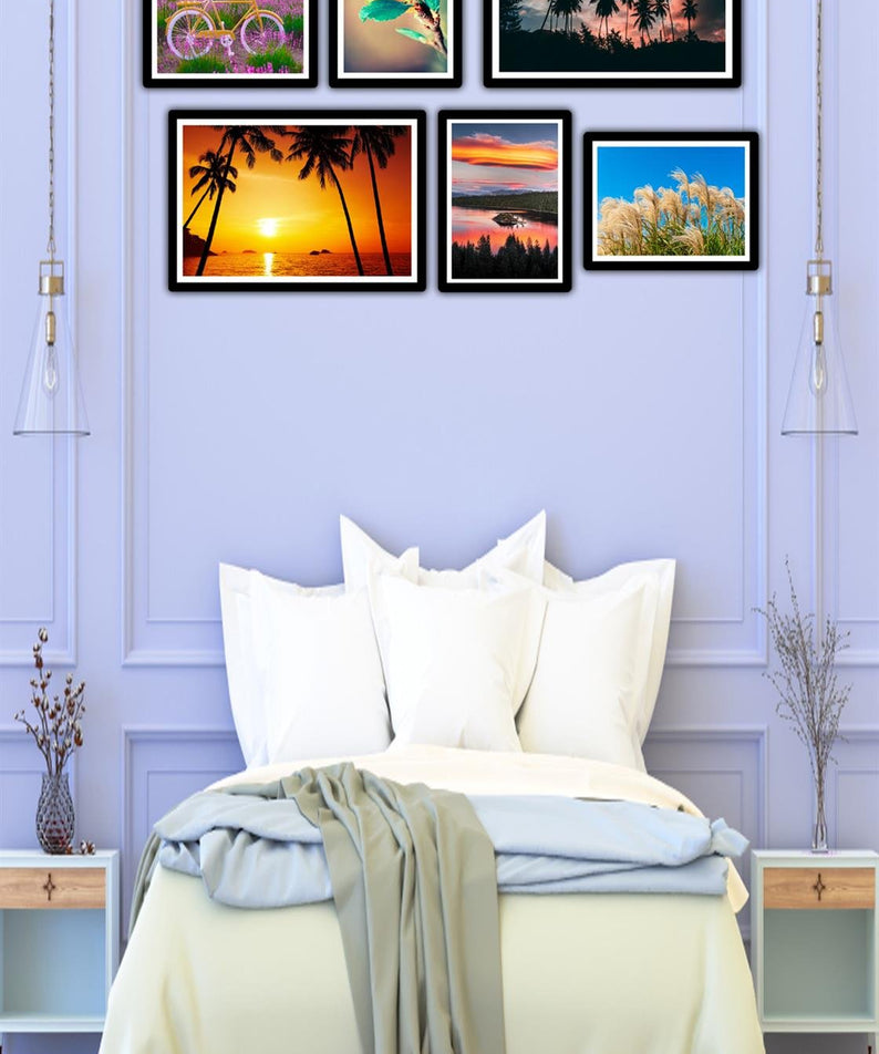 6 Parça Manzara Resimleri Siyah Çerçeve Görünümlü Uv Baskı Mdf Tablo Seti