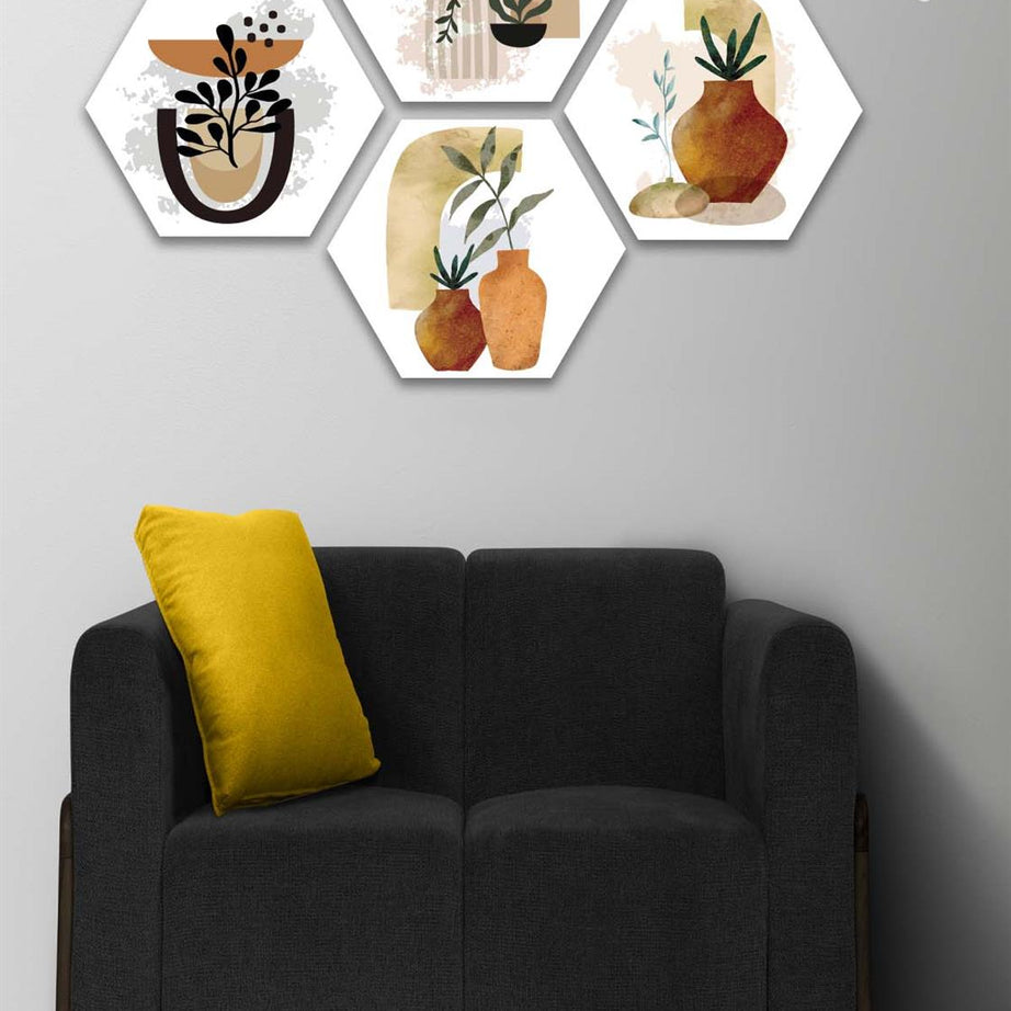 4 Parça Petek Suluboya Modern Tarzda Tasarım Uv Baskı Mdf Tablo Seti