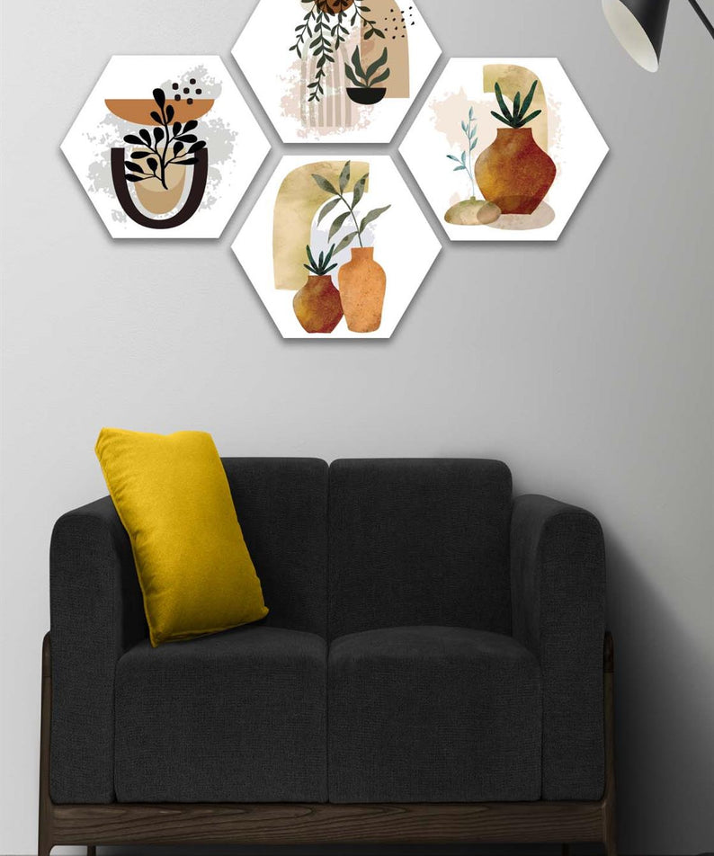 4 Parça Petek Suluboya Modern Tarzda Tasarım Uv Baskı Mdf Tablo Seti