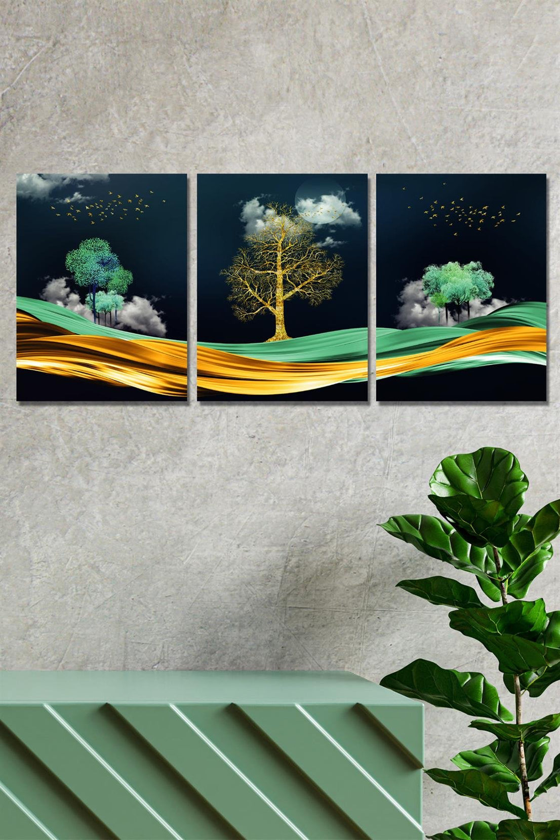 Ağaç manzaralı renkli modern tablo seti