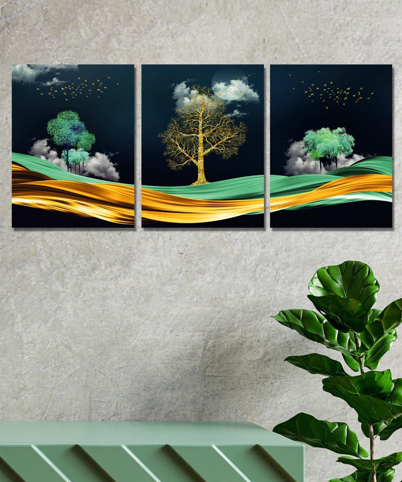 Ağaç manzaralı renkli modern tablo seti