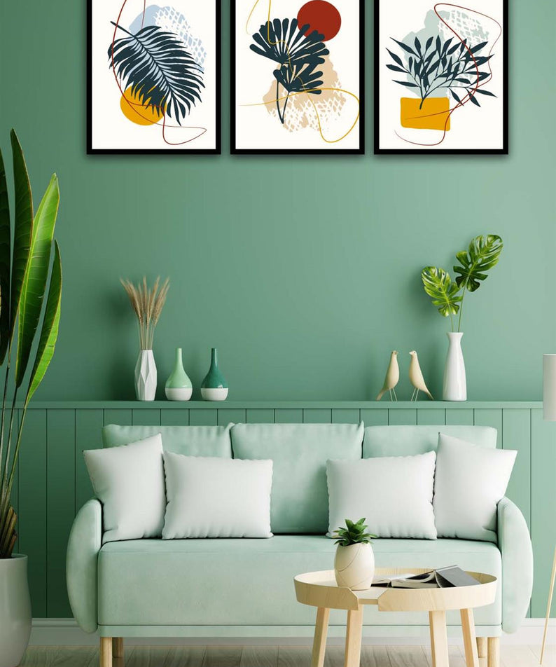 3 Parça Botanic Tarzda Sanatsal Siyah Çerçeve Görünümlü Uv Baskı Mdf Tablo Seti
