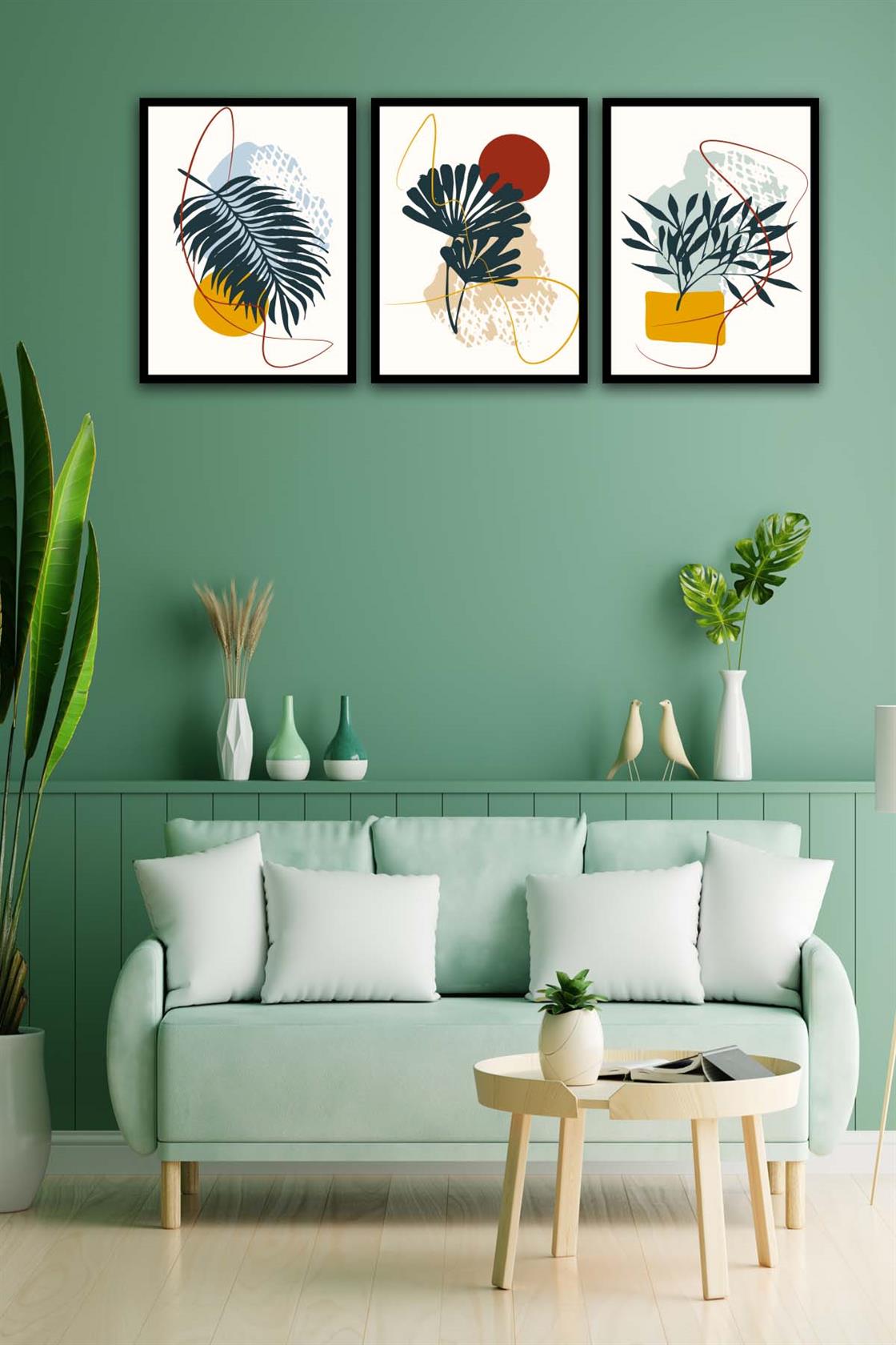 3 Parça Botanic Tarzda Sanatsal Siyah Çerçeve Görünümlü Uv Baskı Mdf Tablo Seti