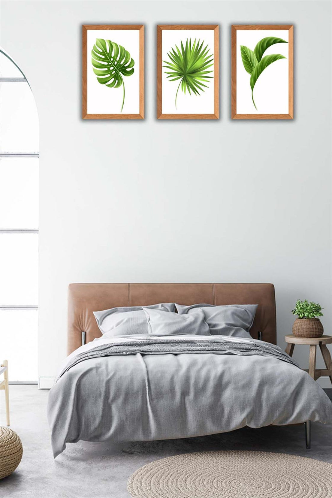 3 Parça Bohem Tarzı Yaprak Ahşap Çerçeve Görünümlü Tablo Seti