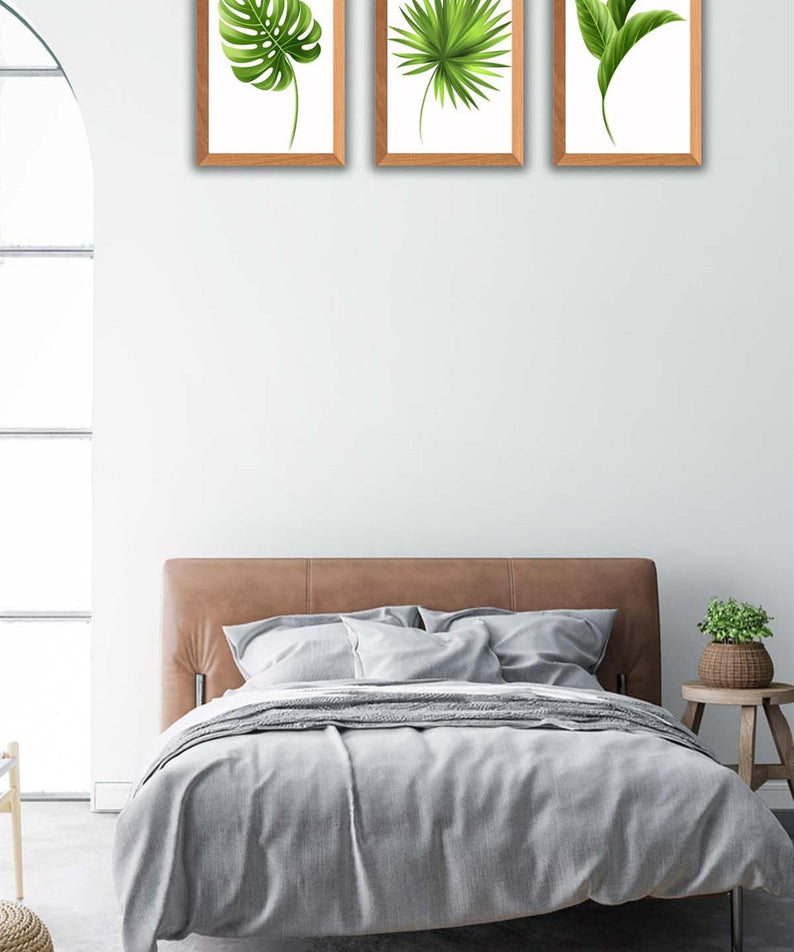 3 Parça Bohem Tarzı Yaprak Ahşap Çerçeve Görünümlü Tablo Seti