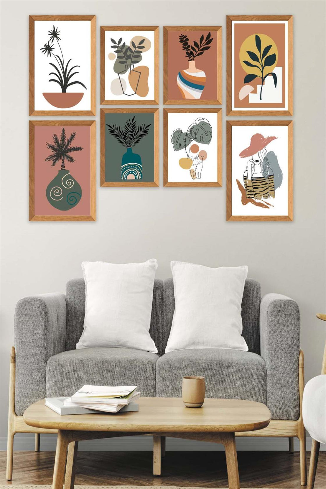 8 Parça Modern Sanatsal Bohem Tarzda (Ahşap çerçeve görünümlü) Uv Baskı Mdf Tablo Seti