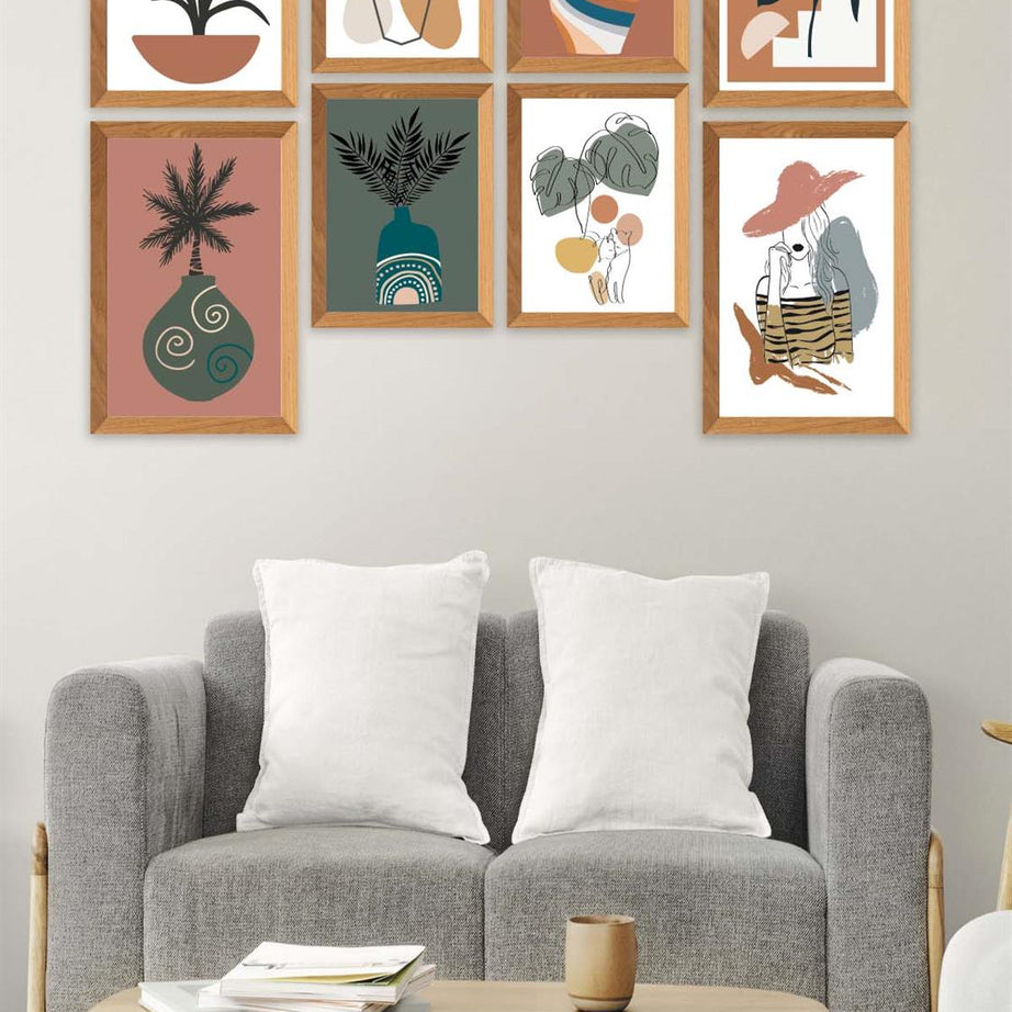 8 Parça Modern Sanatsal Bohem Tarzda (Ahşap çerçeve görünümlü) Uv Baskı Mdf Tablo Seti