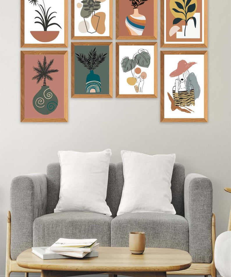 8 Parça Modern Sanatsal Bohem Tarzda (Ahşap çerçeve görünümlü) Uv Baskı Mdf Tablo Seti