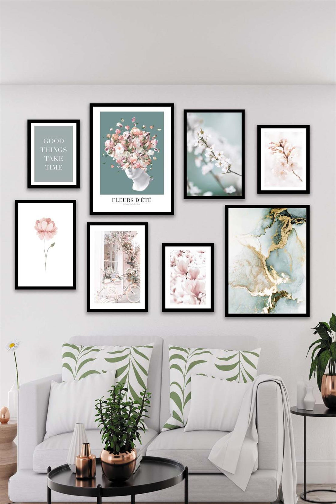 Sanatsal Çiçek Ve Mermer Deseni Temalı Tablo Seti