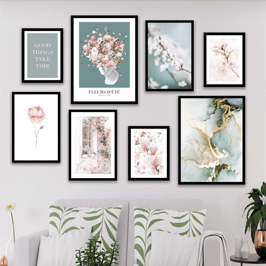 Sanatsal Çiçek Ve Mermer Deseni Temalı Tablo Seti