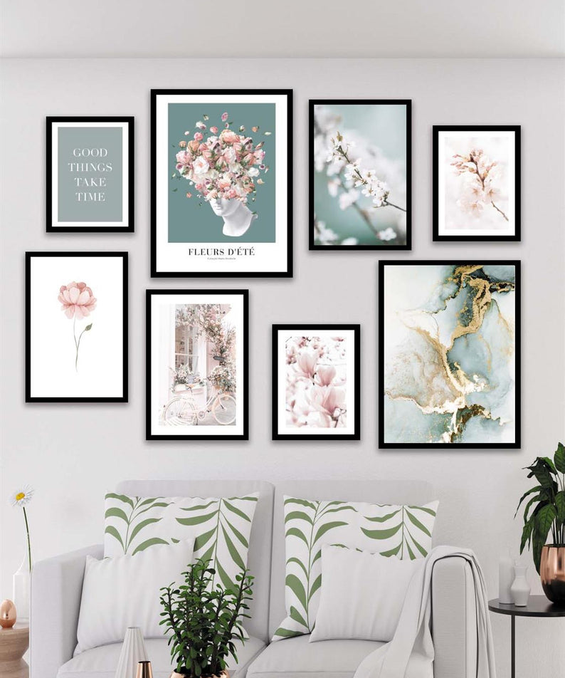 Sanatsal Çiçek Ve Mermer Deseni Temalı Tablo Seti