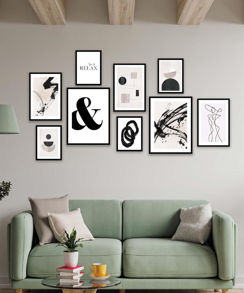 Siyah Geometrik Ve Line Art Temalı Tablo Seti