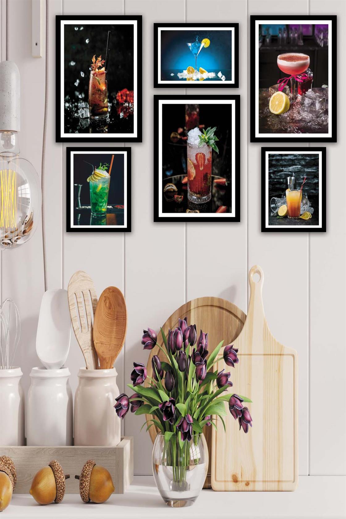 6 Parça İştah Açıcı Meyve Kokteyl Siyah Çerçeve Görünümlü Mdf Ahşap Tablo Seti