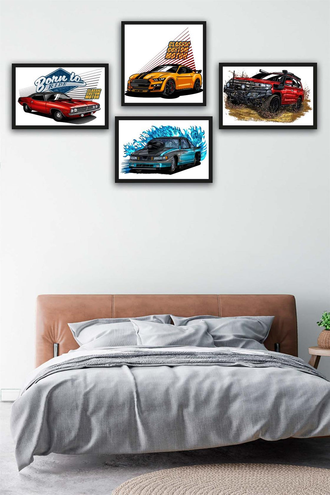 4 Parça Klasik Ve Yarış Arabaları Siyah Çerçeve Görünümlü Uv Baskı Mdf Tablo Seti