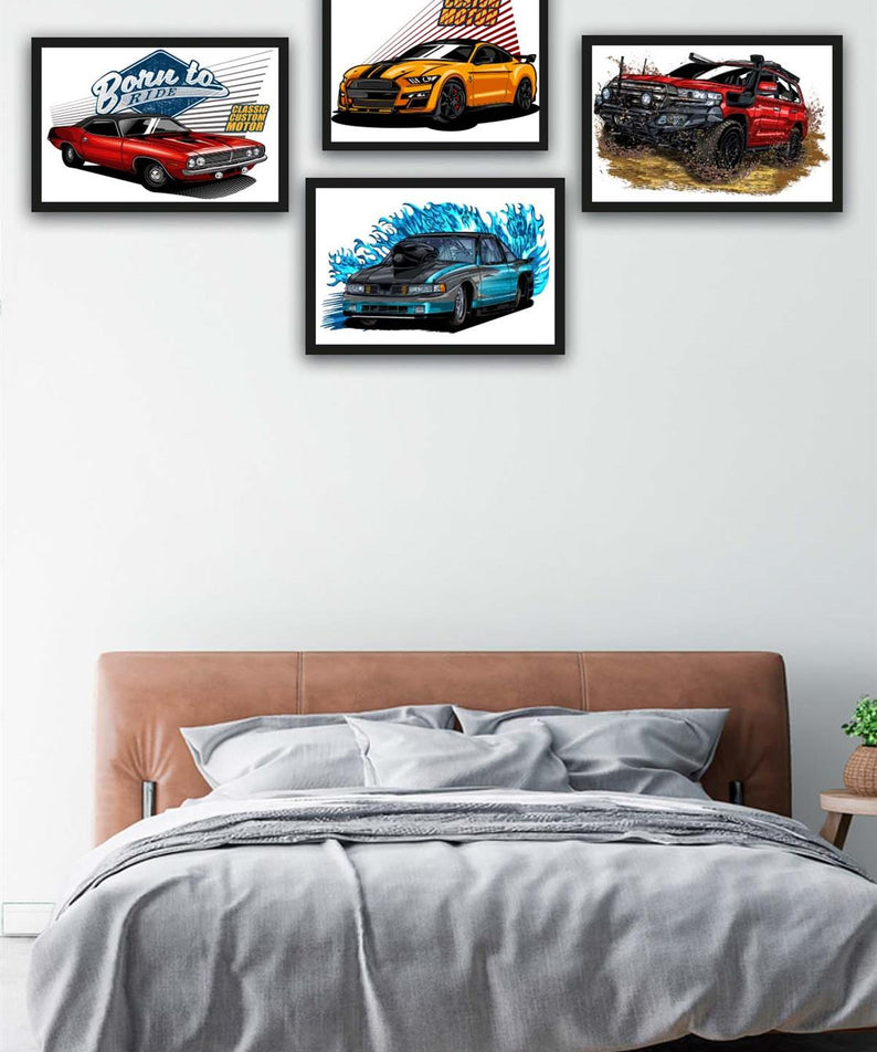 4 Parça Klasik Ve Yarış Arabaları Siyah Çerçeve Görünümlü Uv Baskı Mdf Tablo Seti