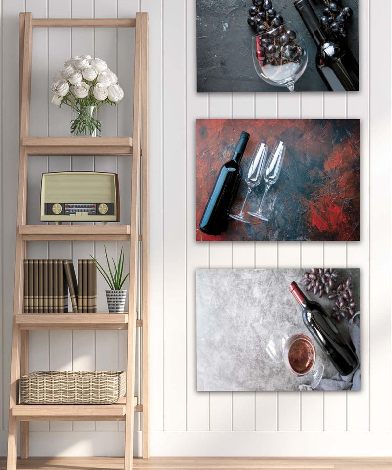 3 Parça Şarap ve Üzüm Desenli Mdf Ahşap Tablo Seti