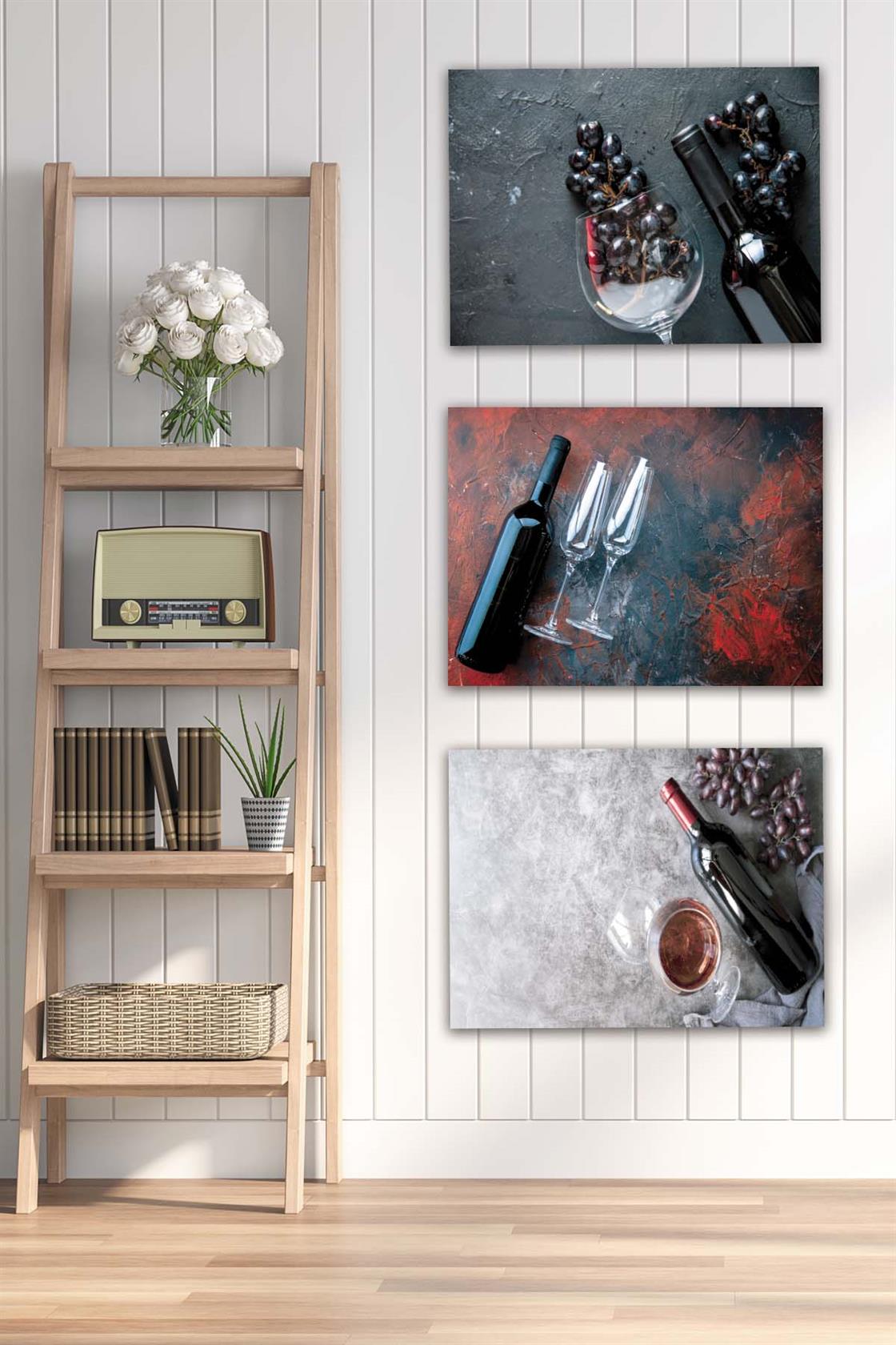 3 Parça Şarap ve Üzüm Desenli Mdf Ahşap Tablo Seti