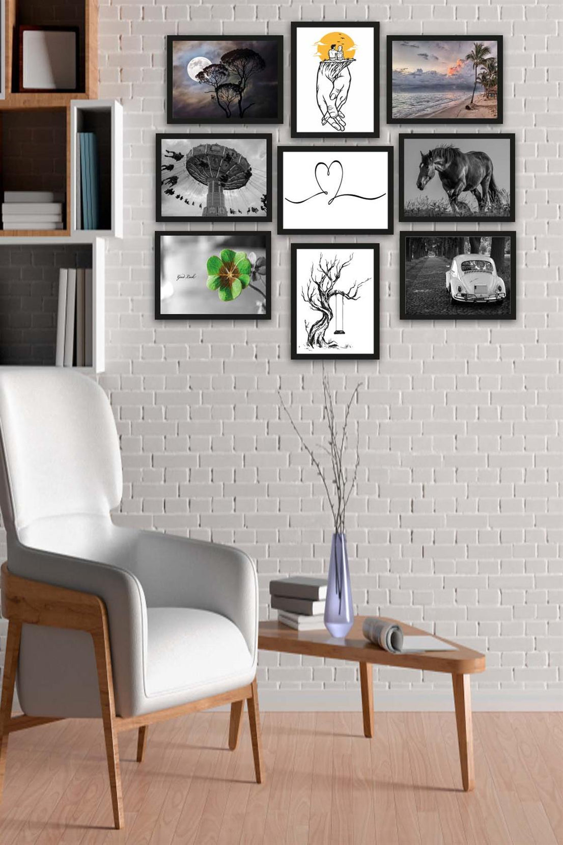 9 Parça Siyah Beyaz Tarzında Siyah Çerçeve Görünümlü Uv Baskı Mdf Tablo Seti