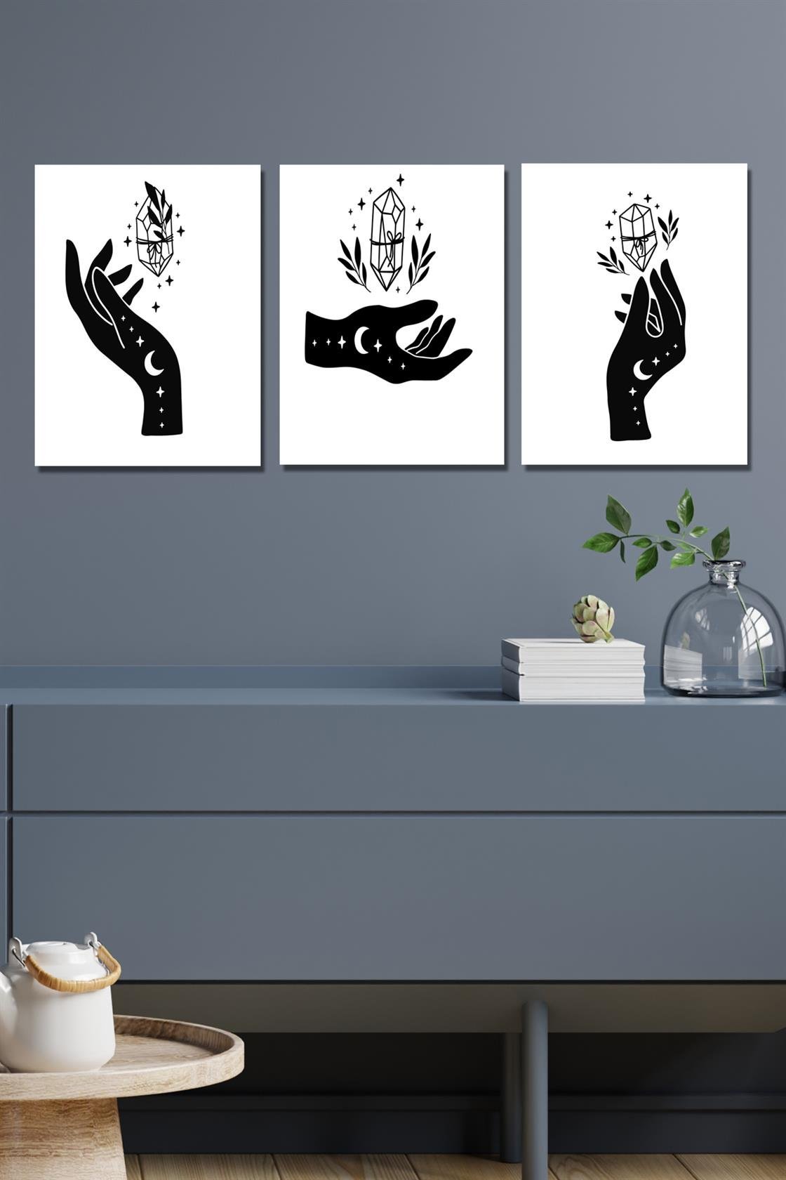 Siyah kristal tutan el 3'lü tablo seti