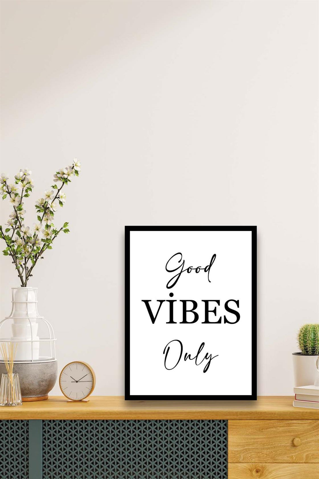 Good Vibes Only Yazısı (Siyah çerçeve görünümlü) Uv Baskı Mdf Tablo Seti