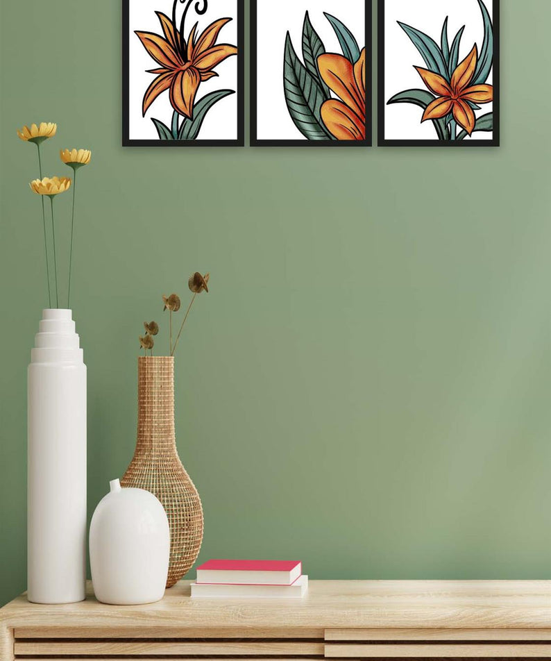 3 Parça Turuncu Yapraklı Çiçek Tarzda Sanatsal Siyah Çerçeve Görünümlü Uv Baskı Mdf Tablo Seti