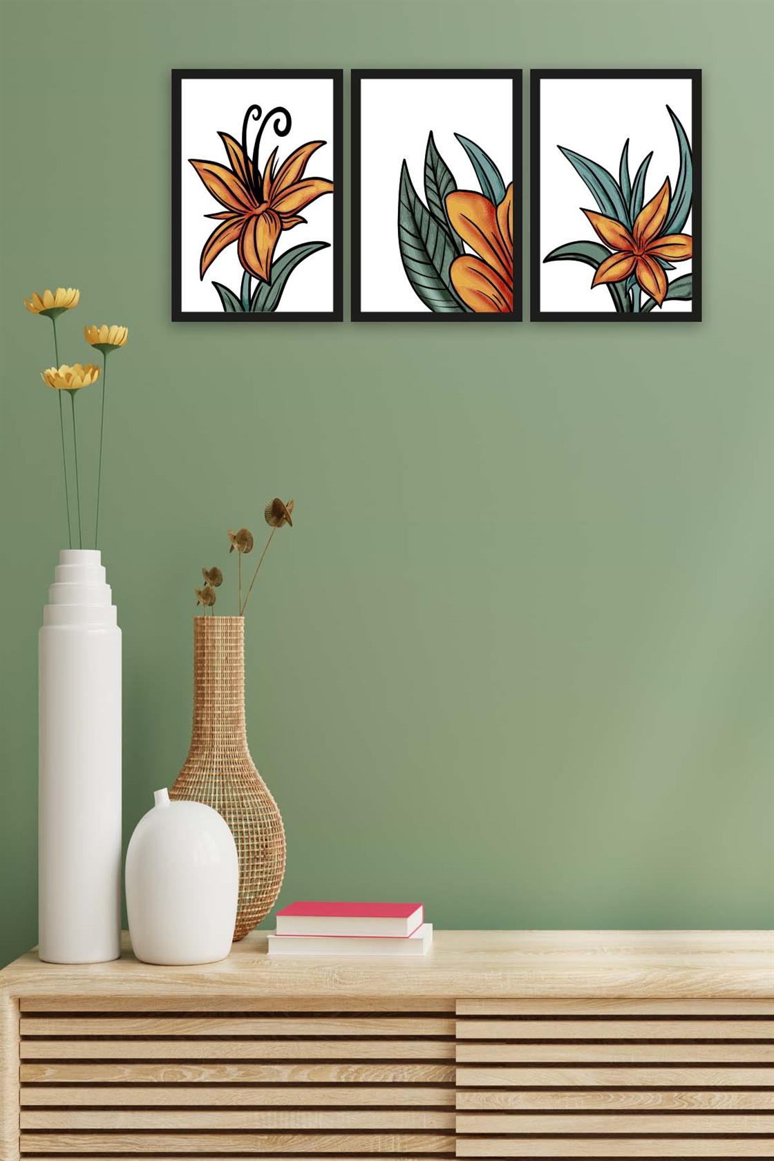 3 Parça Turuncu Yapraklı Çiçek Tarzda Sanatsal Siyah Çerçeve Görünümlü Uv Baskı Mdf Tablo Seti