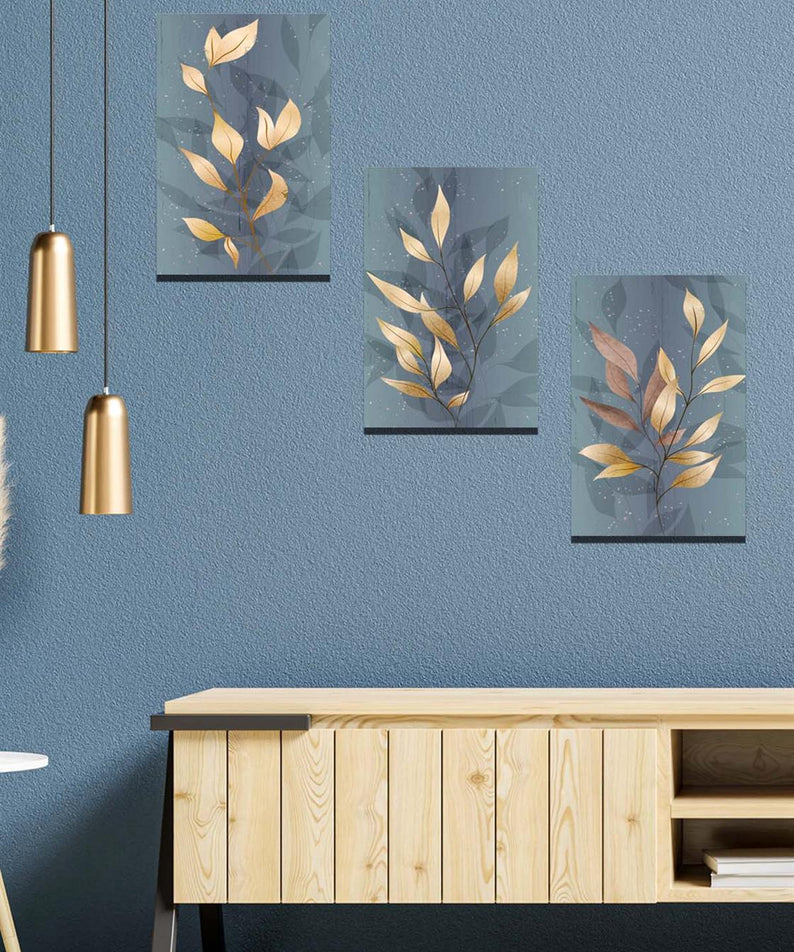 3 Parça Altın yaprak renginde tablo seti