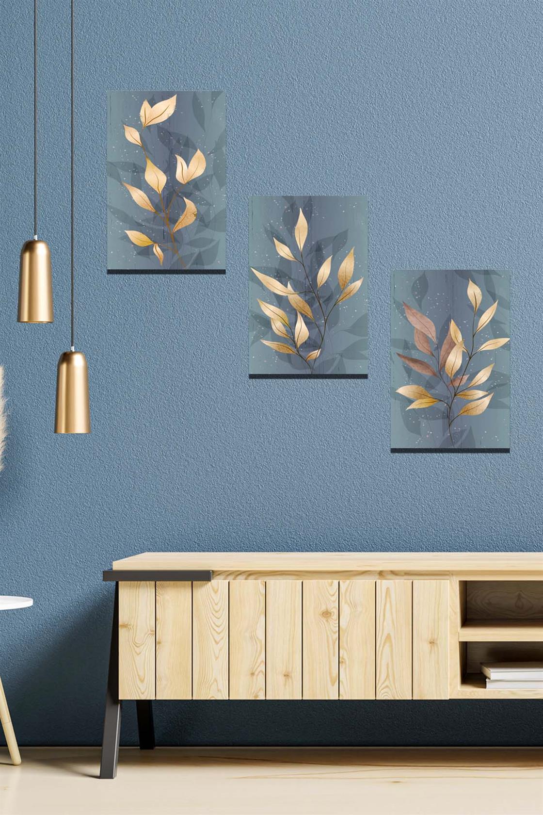 3 Parça Altın yaprak renginde tablo seti