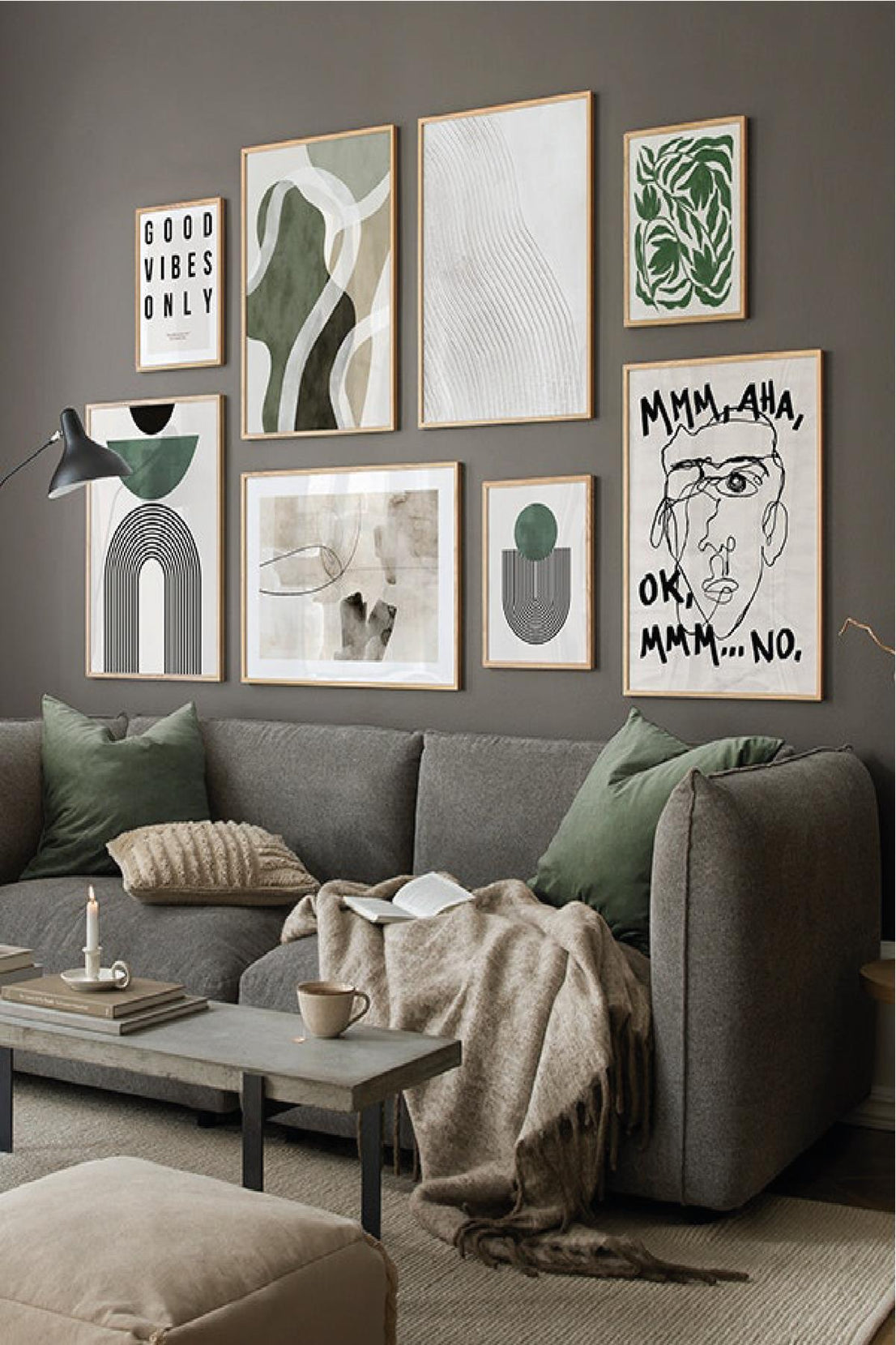 8 Parça Good Vibes Only Soyut, Yeşil Suluboya Tarzında (AHŞAP ÇERÇEVE GÖRÜNÜMLÜ) Tablo Seti