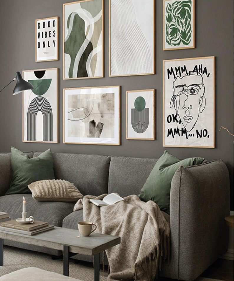 8 Parça Good Vibes Only Soyut, Yeşil Suluboya Tarzında (AHŞAP ÇERÇEVE GÖRÜNÜMLÜ) Tablo Seti