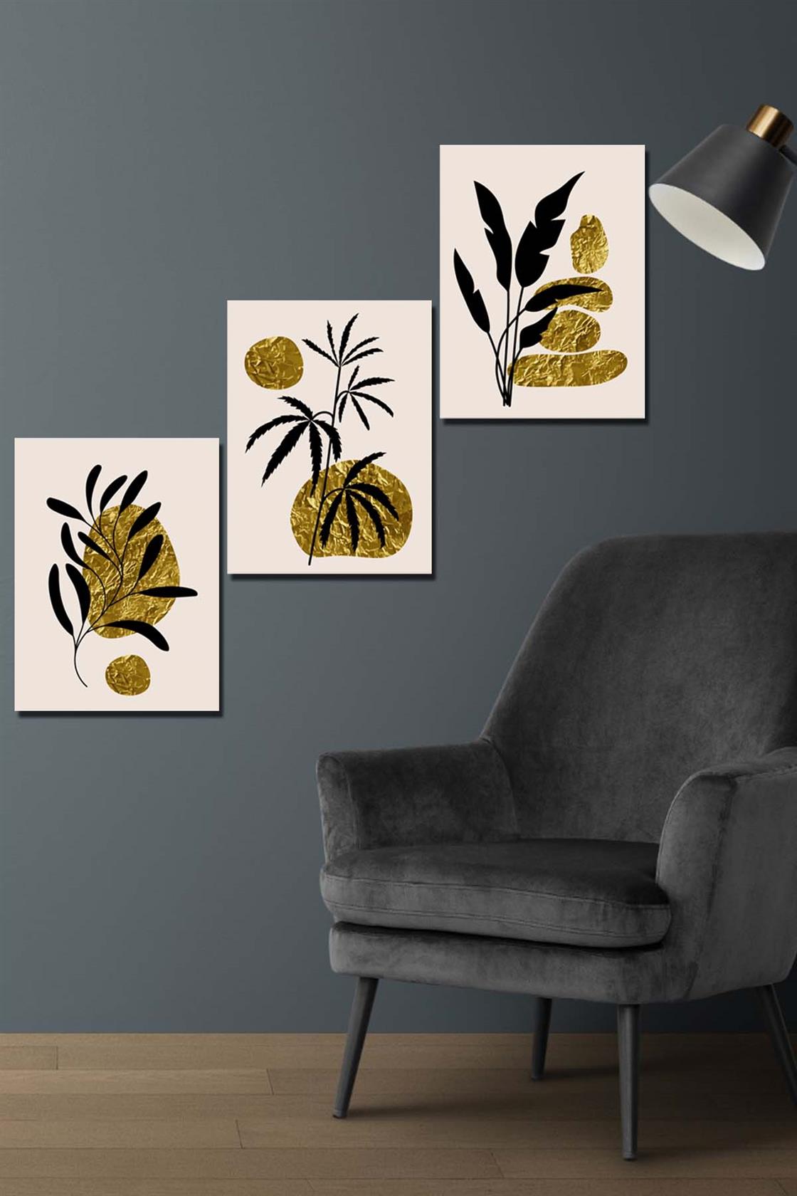 Gold varak 3'lü dijital baskı tablo seti