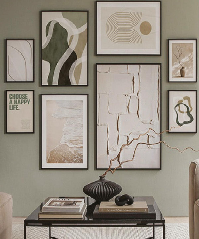 8 Parça Choose A Happy Soyut Modern Sanat (SİYAH ÇERÇEVE GÖRÜNÜMLÜ) Tablo Seti