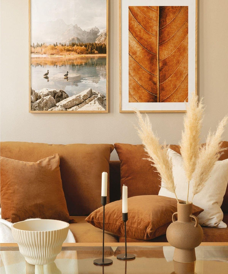 2 Parça Göl Ve Yaprak Manzaralı Ahşap Çerçeve Görünümlü Tablo Seti