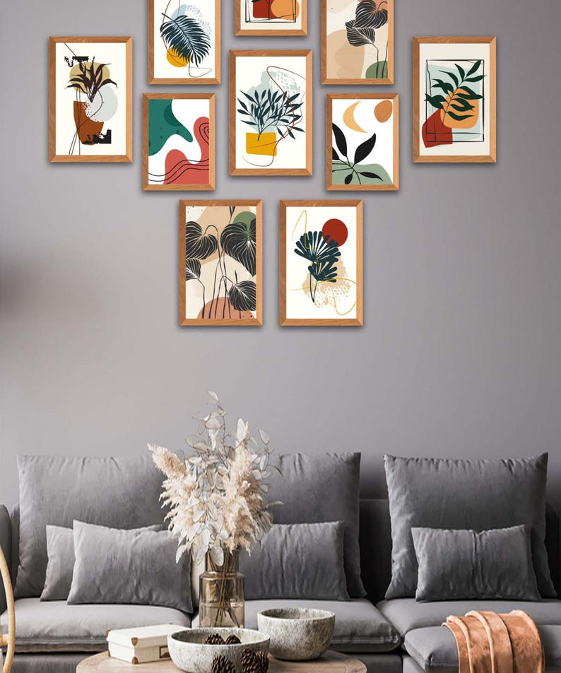 10 Parça Bohem Tarzda Sanatsal Ahşap Çerçeve Görünümlü Uv Baskı Mdf Tablo Seti