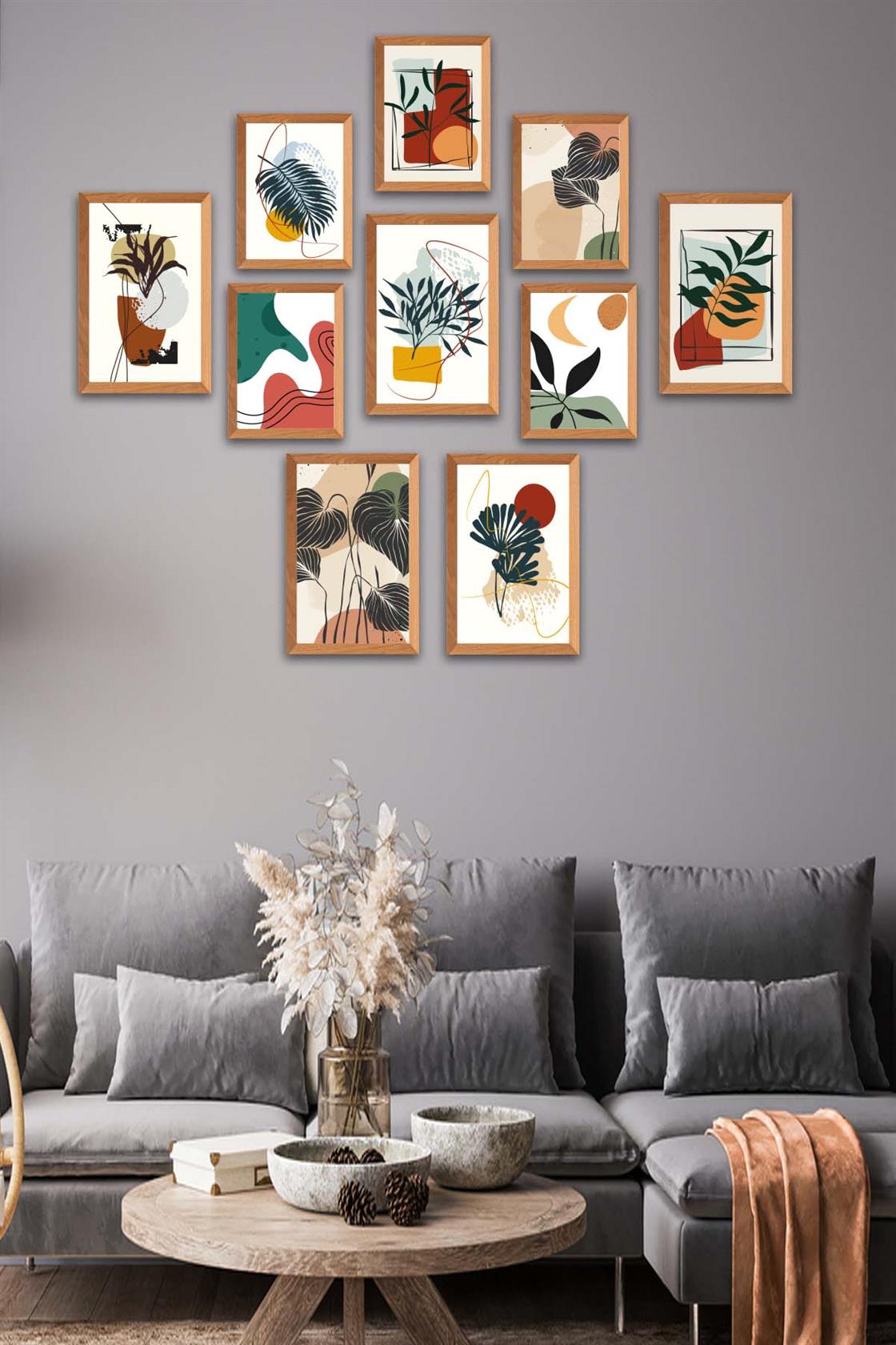 10 Parça Bohem Tarzda Sanatsal Ahşap Çerçeve Görünümlü Uv Baskı Mdf Tablo Seti