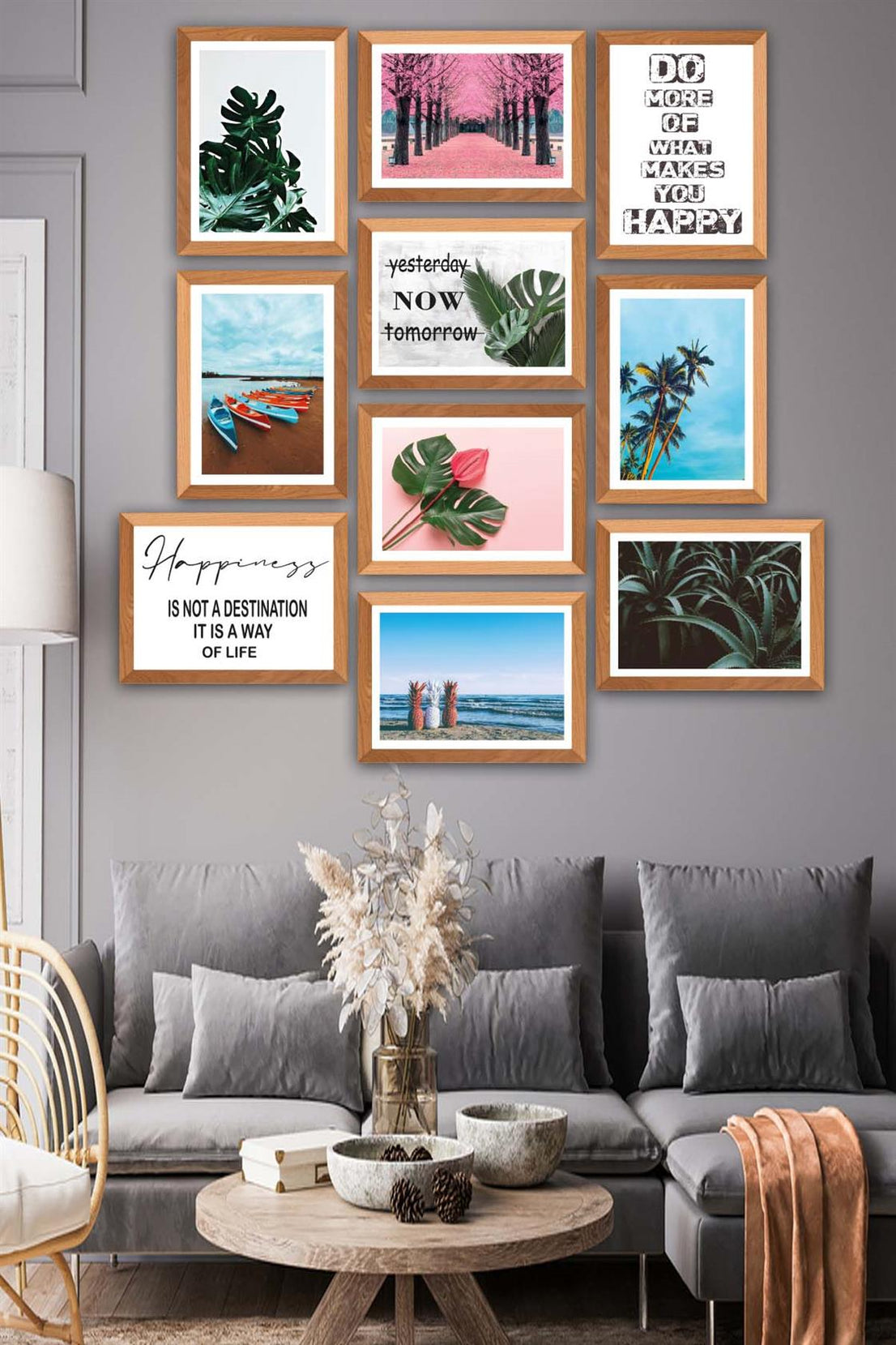 10 Parça Modern Botanik Yaprak Ve Yaz Manzarası (Ahşap Çerçeve Görünümlü) Uv Baskı Tablo Seti