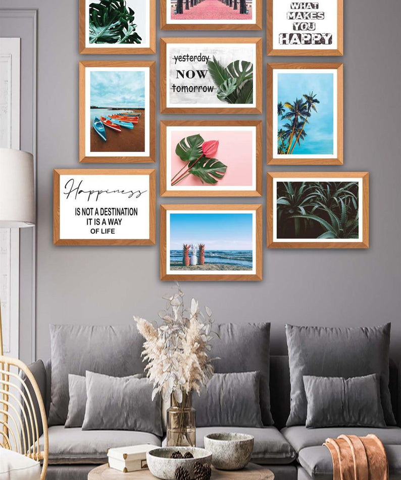 10 Parça Modern Botanik Yaprak Ve Yaz Manzarası (Ahşap Çerçeve Görünümlü) Uv Baskı Tablo Seti