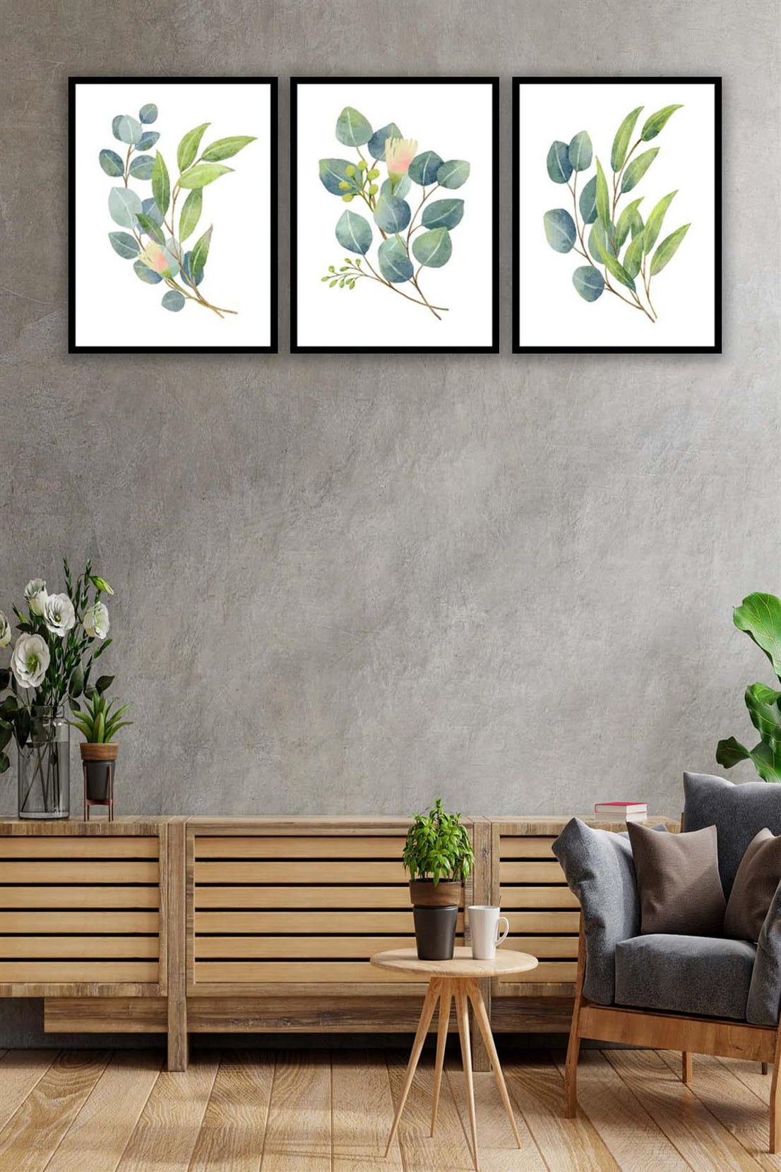 3 Parça Suluboya Tarzında Botanik Çiçekler Tablo Seti