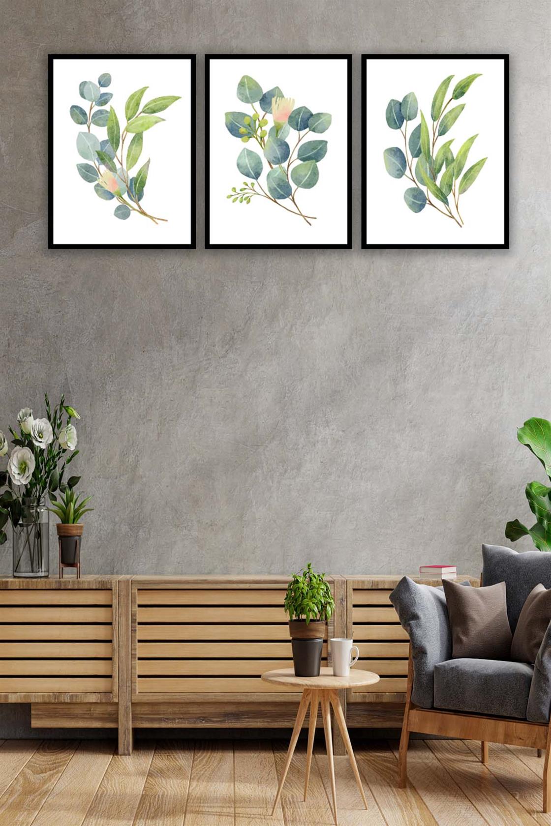 3 Parça Suluboya Tarzında Botanik Çiçekler Tablo Seti