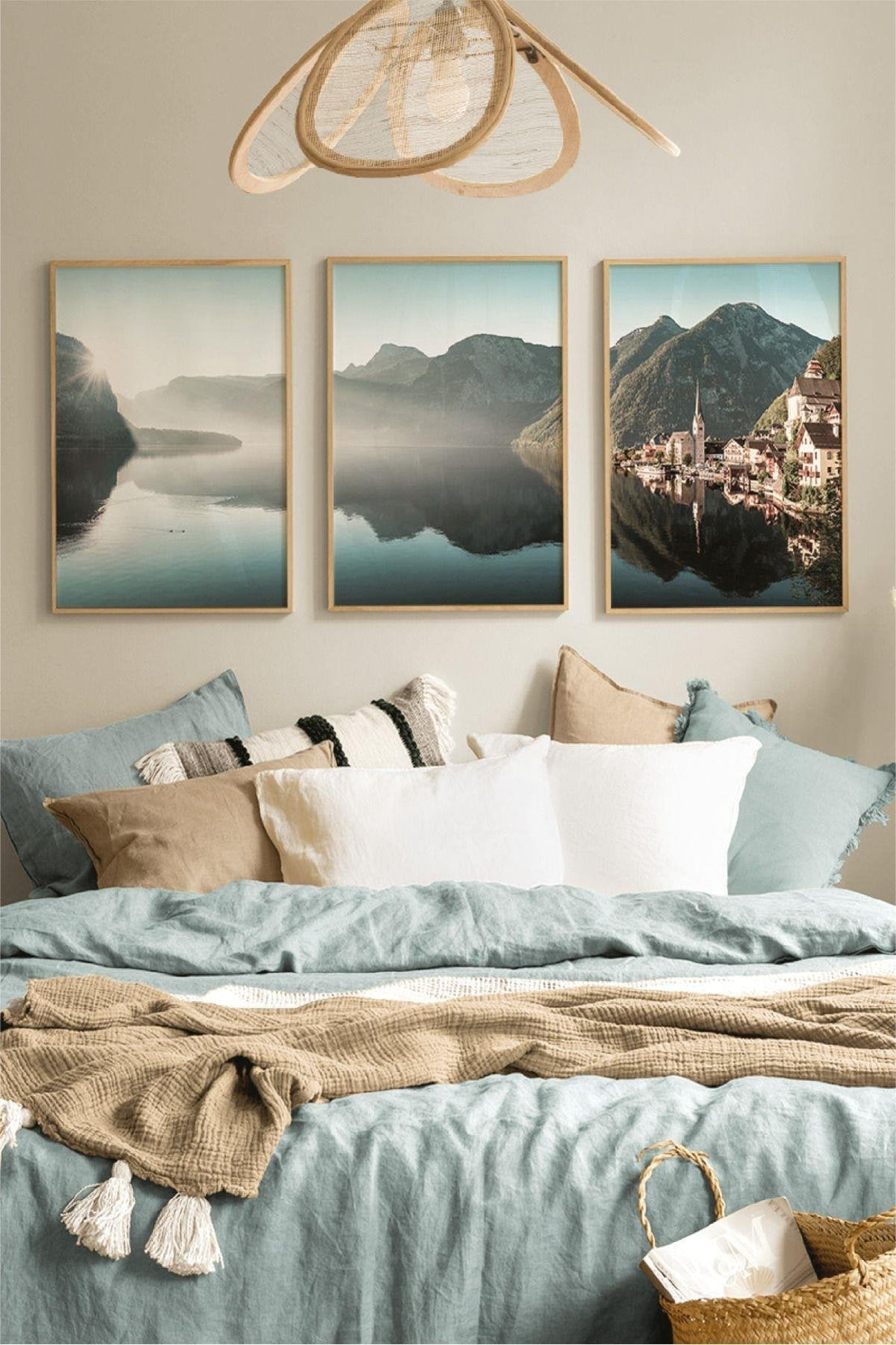 3 Parça İsveç Ve Göl Temalı Ahşap Çerçeve Görünümlü Tablo Seti