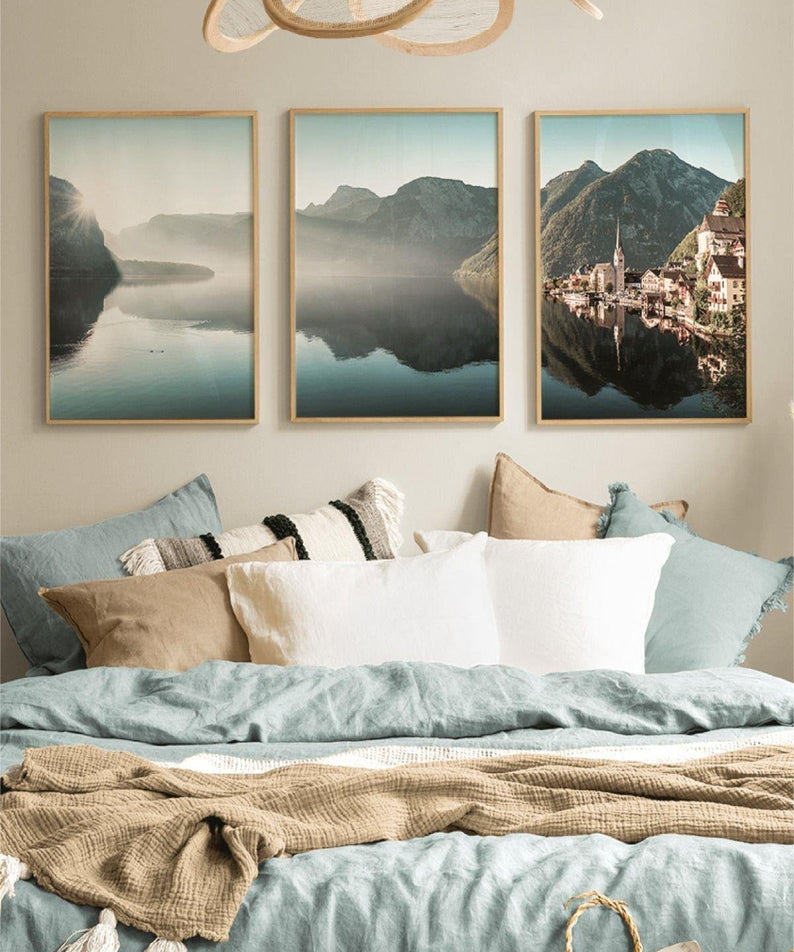 3 Parça İsveç Ve Göl Temalı Ahşap Çerçeve Görünümlü Tablo Seti