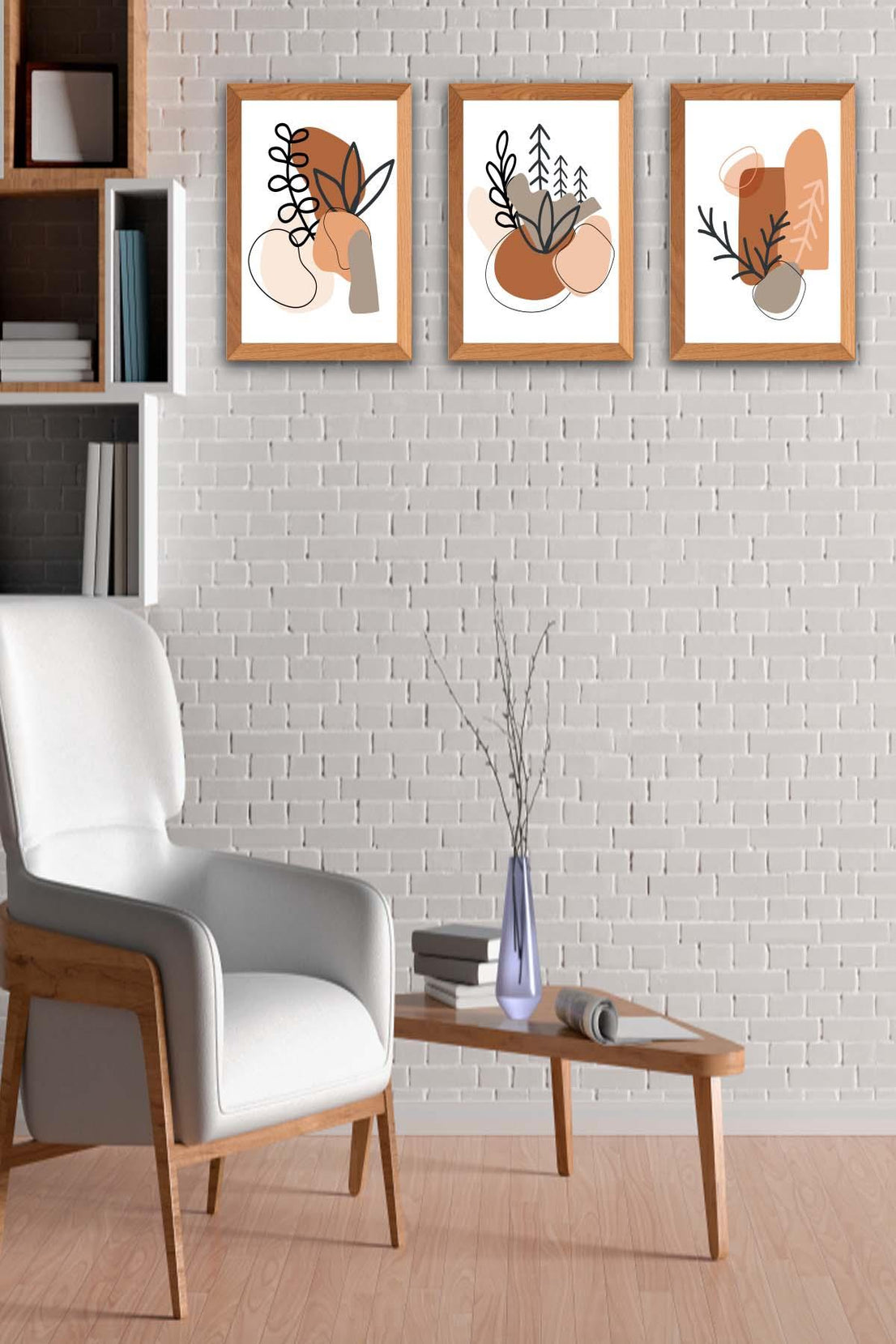 Bohem Tarzında Dal Temalı Ahşap Çerçeve Görünümlü Tablo Seti