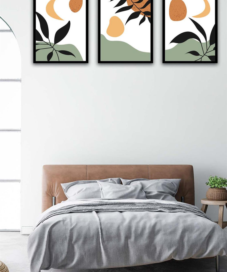 3 Parça Modern Bohem Tarzda Sanatsal Siyah Çerçeve Görünümlü Uv Baskı Mdf Tablo Seti