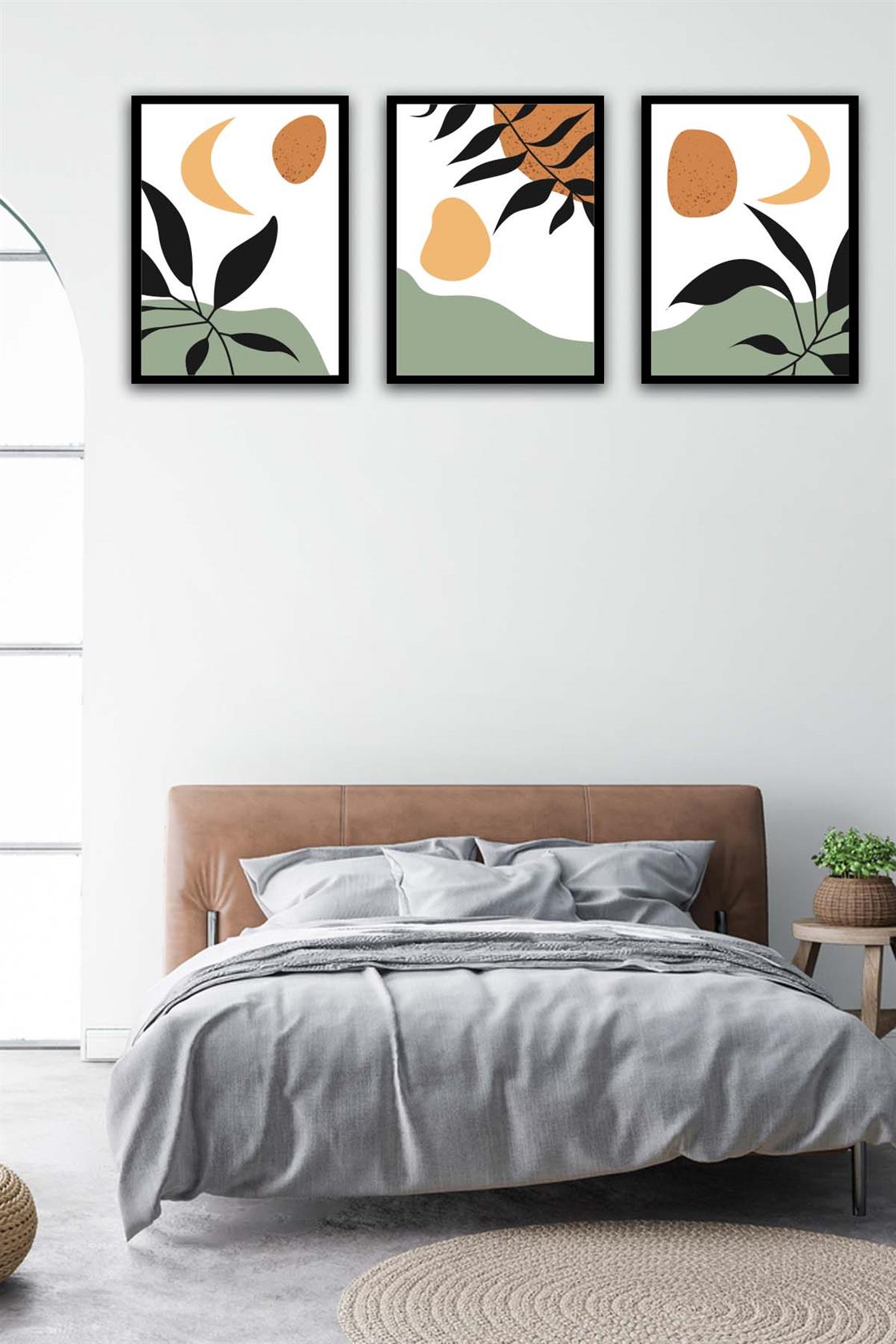 3 Parça Modern Bohem Tarzda Sanatsal Siyah Çerçeve Görünümlü Uv Baskı Mdf Tablo Seti