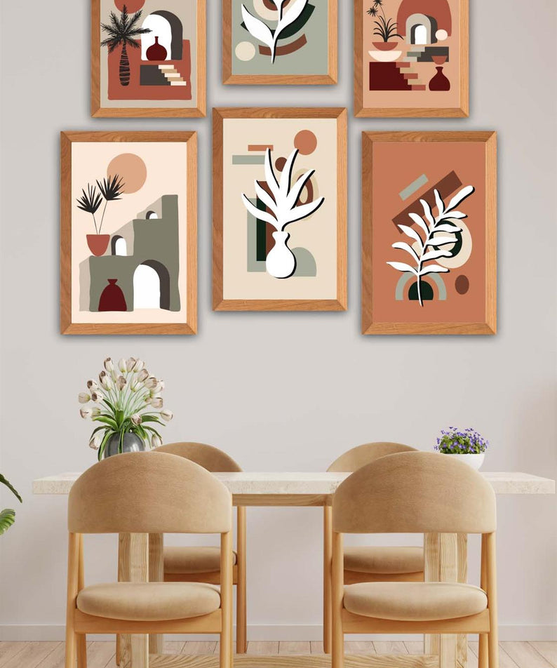 6 Parça Bohem Tarzda (Ahşap Çerçeve Görünümlü) Uv Baskı Tablo Seti